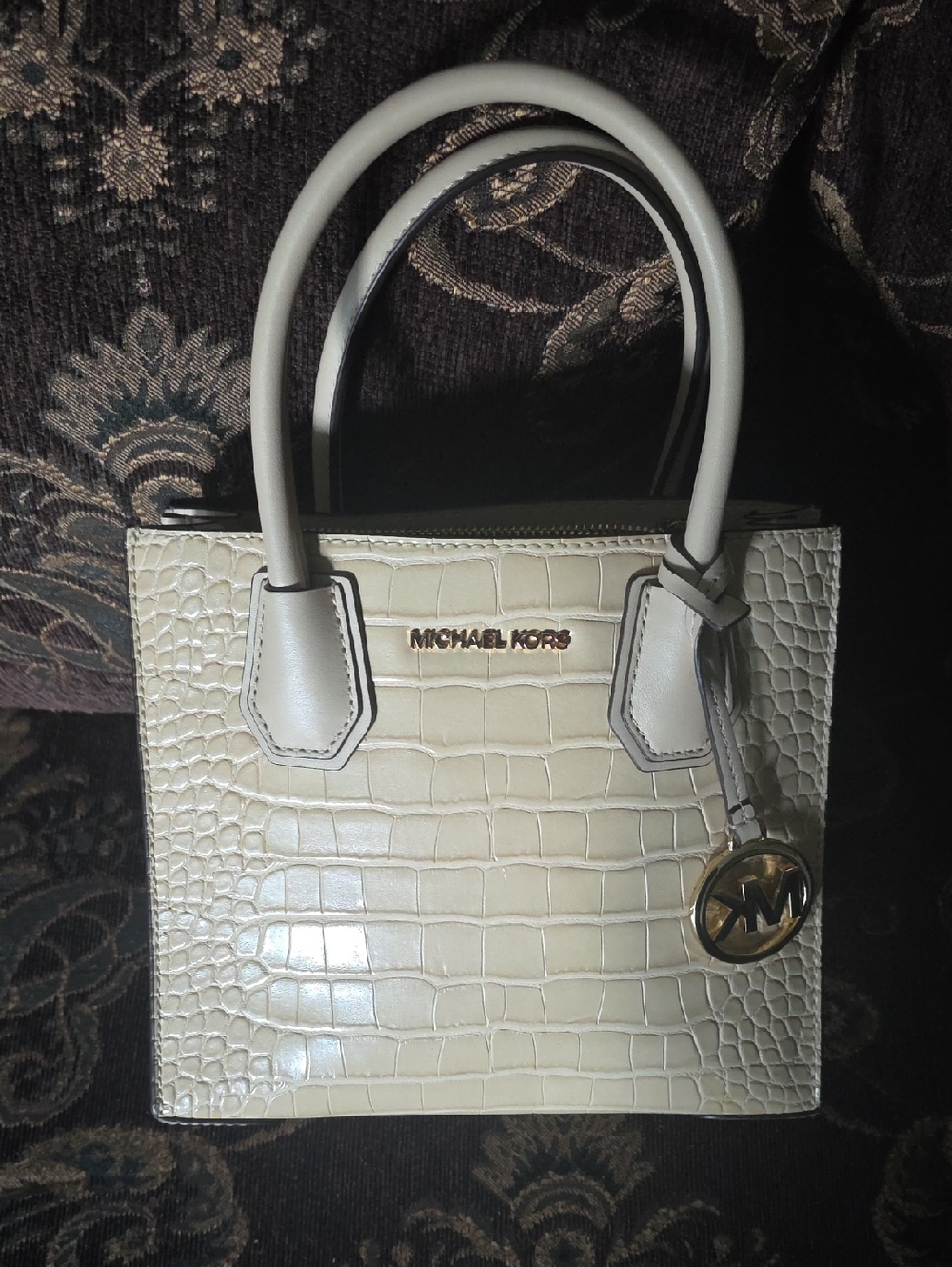 Michael Kors Neutral Beige Croc-Embossed Mini Satchel with Gold Charm